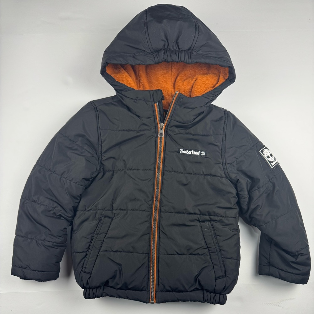 Kids Timberland Black winter Puffer Jacket with orange fleece inside size 5